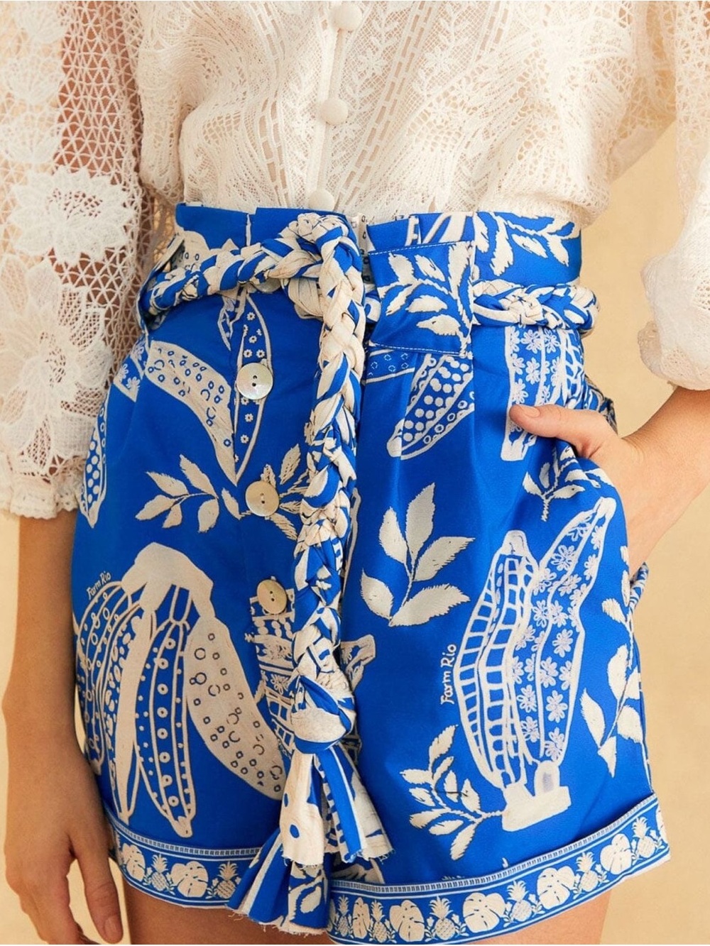 Farm Rio Blue Lace High-Waist Braided-Belt Shorts